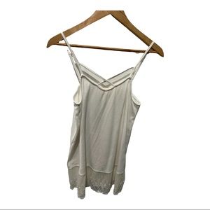 L LOVE WHITE RIBBED STRAPPY STRETCHY TANK SHEER LACE BORDER TRIM